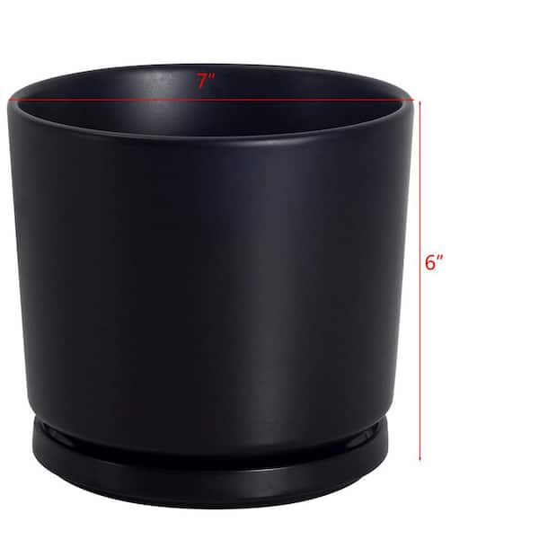 Medium Black Ceramic Indoor/Outdoor Planter with Saucer (7 in. W x