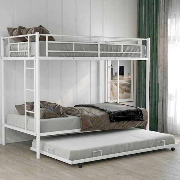 Qualler White Twin over Twin Metal Bunk Bed with Trundle