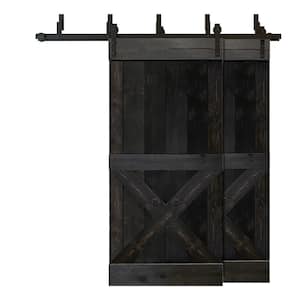 84 in. x 84 in. Mini X Bar Bypass Charcoal Black Stained Solid Wood Interior Double Sliding Barn Door with Hardware Kit
