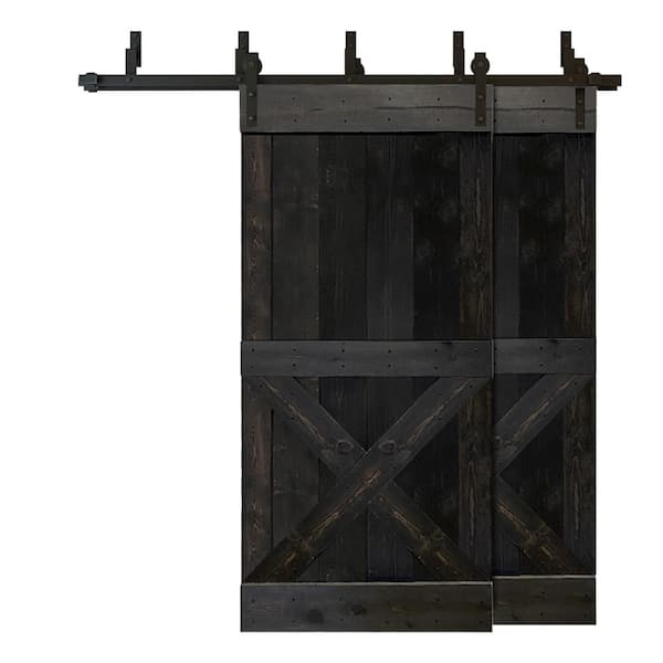 CALHOME 84 in. x 84 in. Mini X Bar Bypass Charcoal Black Stained Solid Wood Interior Double Sliding Barn Door with Hardware Kit