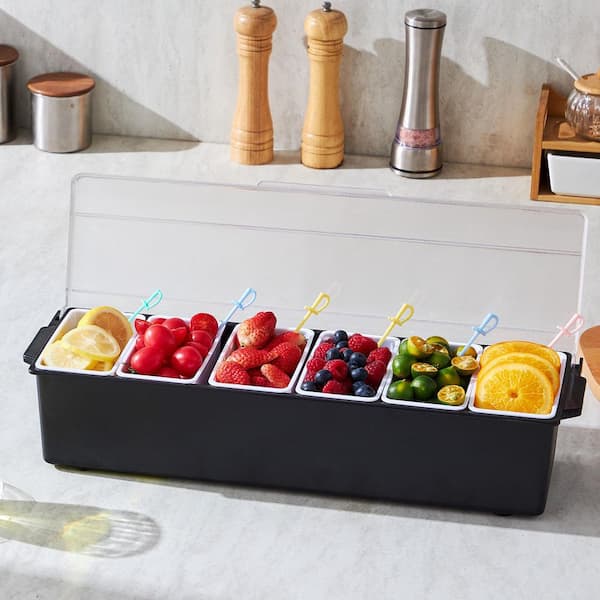 Chilled Condiment Server, 6 Compartment Ice Cooled Condiment Serving Container, Chilled Garnish Tray Bar Caddy with Lid