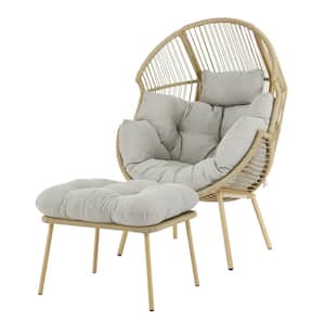 35 in. W Oversized Yellow Wicker Egg Chair Patio Egg Lounge Chair with Beige Cushions and Ottomans