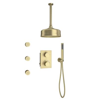 Thermostatic 3-Spray Rain Ceiling Mount Dual Fixed and Handheld Shower Head with 3-Body Jets, Anti-Scald in Brushed Gold
