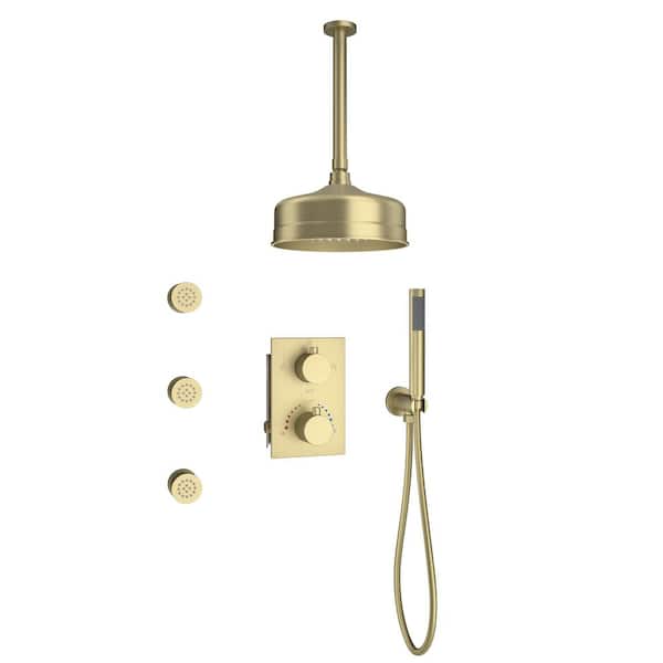 CASAINC Thermostatic 3-Spray Rain Ceiling Mount Dual Fixed and Handheld Shower Head with 3-Body Jets, Anti-Scald in Brushed Gold