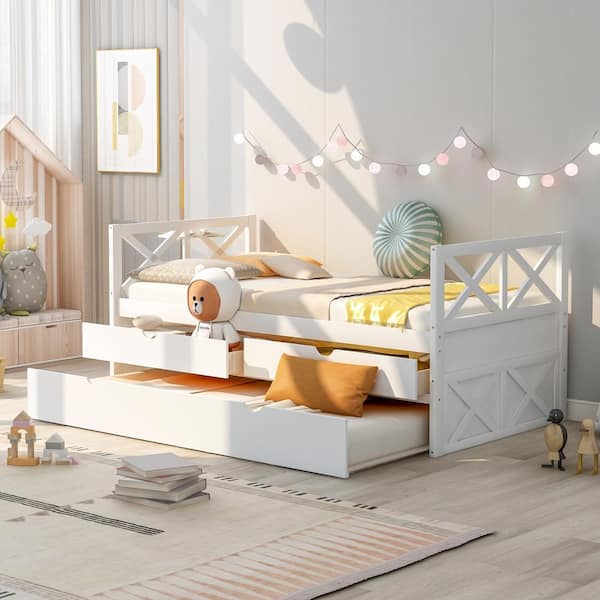 Anbazar White Twin Size Daybed With 1 Trundle And 2 Drawers Wood Twin Captain S Bed Trundle Daybed For Kids Teens Or Adults anna The Home Depot