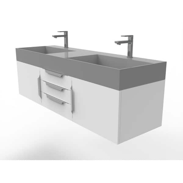 castellousa Maranon 60 in W x 19 in D x 19.25 in H Double Floating Bath Vanity in Matte White w Chrome Trim w Solid Surface Gray Top