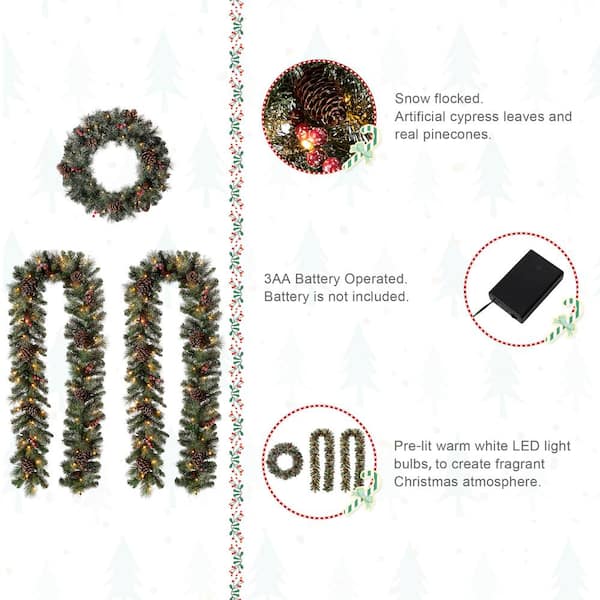 Glitzhome 2PK 9 ft. Pre-Lit Artificial Christmas Garland and 24 in. D Snow  Flocked Greenery Pine Poinsettia Christmas Wreath Set 2016000023 - The Home  Depot