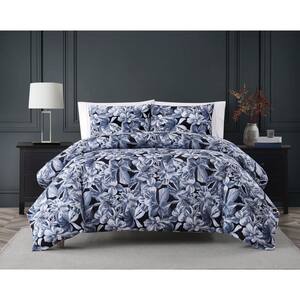 Talia 3-Piece Blue and Black Floral Cotton King Comforter Set