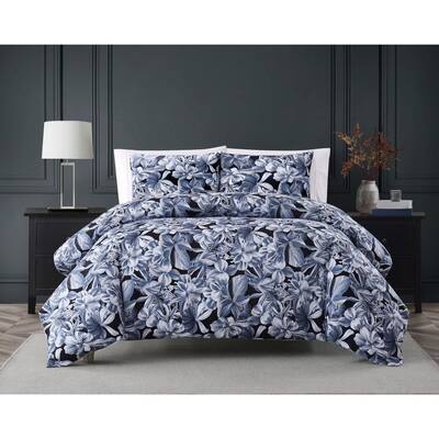 Talia 2-Piece Blue and Black Floral Cotton Twin XL Comforter Set