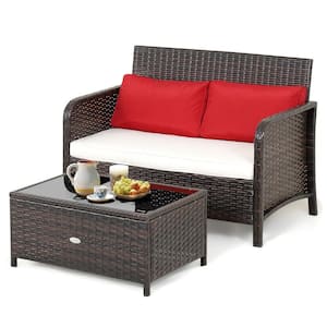 Mix Brown Wicker Outdoor Loveseat with Red and White Cushions and Coffee Table