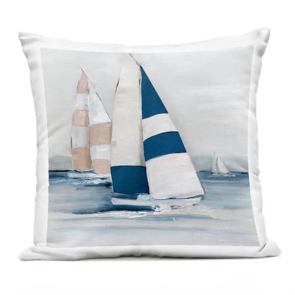 Striped Sailboat Voyage Blue Square Outdoor Throw Pillow