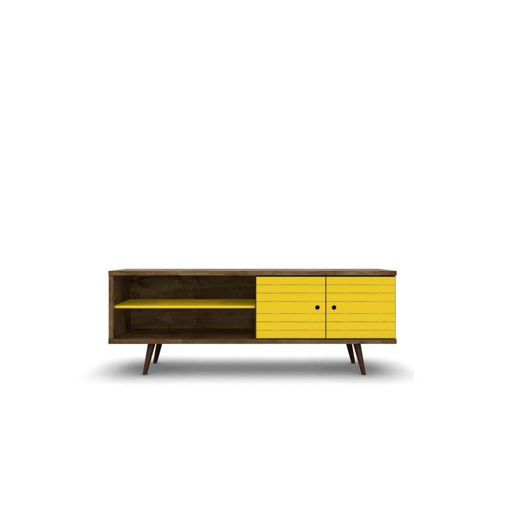 Liberty 63" Rustic Brown and Yellow Mid-Century Modern TV Stand with Cabinet