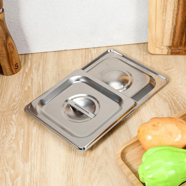 7 in. x 6.5 in. 1/6 Size Stainless Steel Food Pan Lids with Handles for Fruits Vegetables Buffet, Silver (10-Pack)