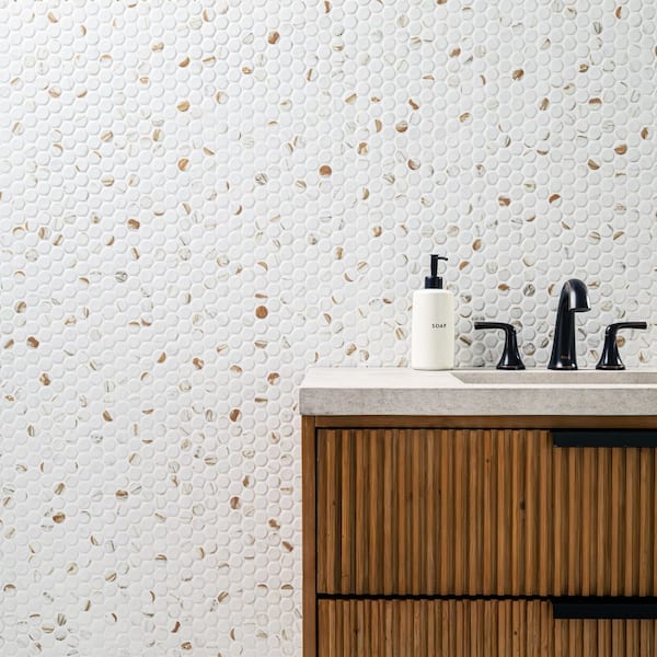 Calacatta Gold Penny Round 11 in. x 12 in. x 0.24 in. Matte Porcelain Mosaic Floor and Wall Tile (12.9 sq. ft./Case)