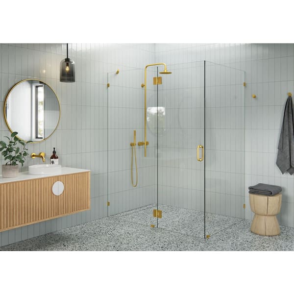 60 in. W x 40 in. D x 78 in. H Pivot Frameless Corner Shower Enclosure in Satin Brass Finish with Clear Glass