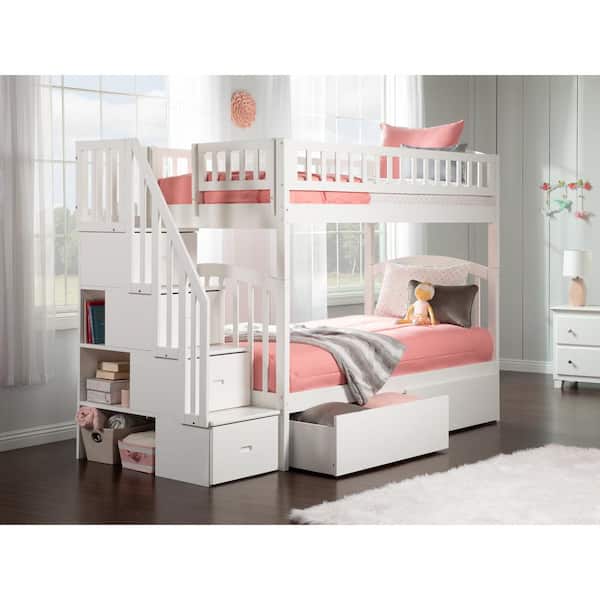 AFI Westbrook White Twin Over Twin Staircase Bunk with 2-Urban Bed Drawers