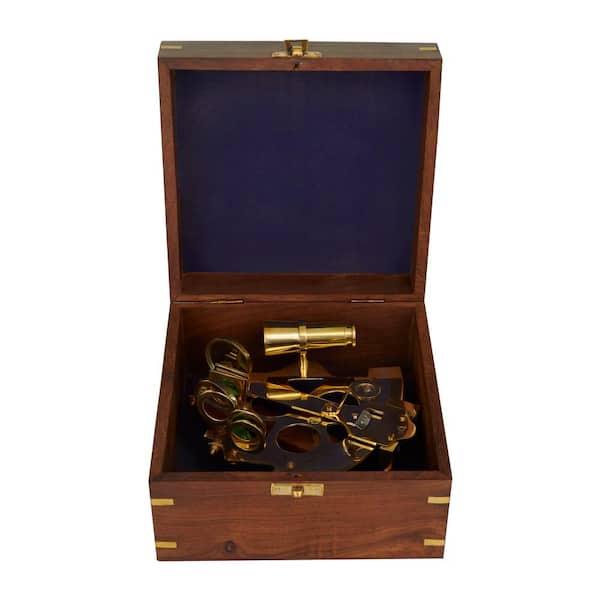 Litton Lane Gold Brass Sextant Compass with Decorative Wood Box (2