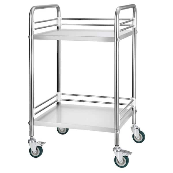 Stainless Steel Cart, Medical Serving Trolley Clinic Tray, Kitchen Cart, 2-Tier Rolling Lab Utility Cart with Wheels