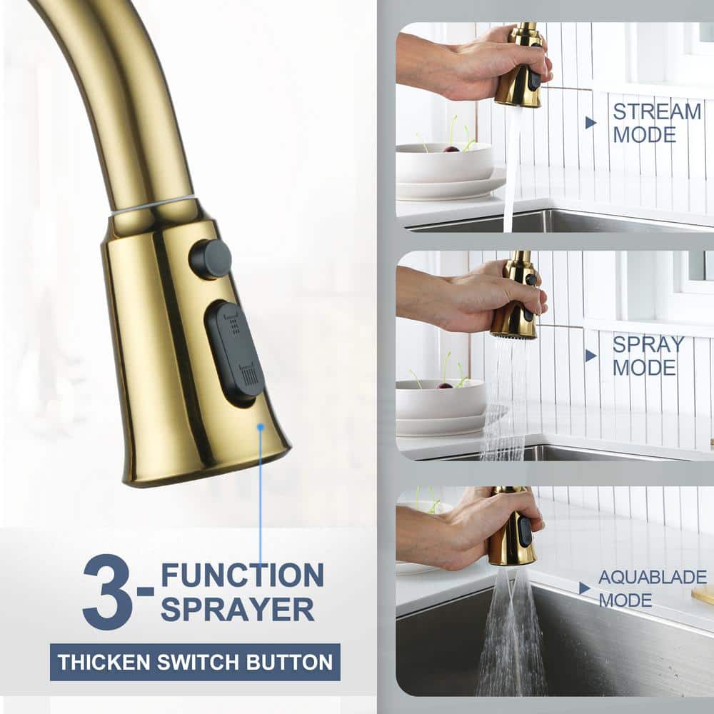 Gold Stainless Steel High-Arc Kitchen Faucet with Pull-out Spray