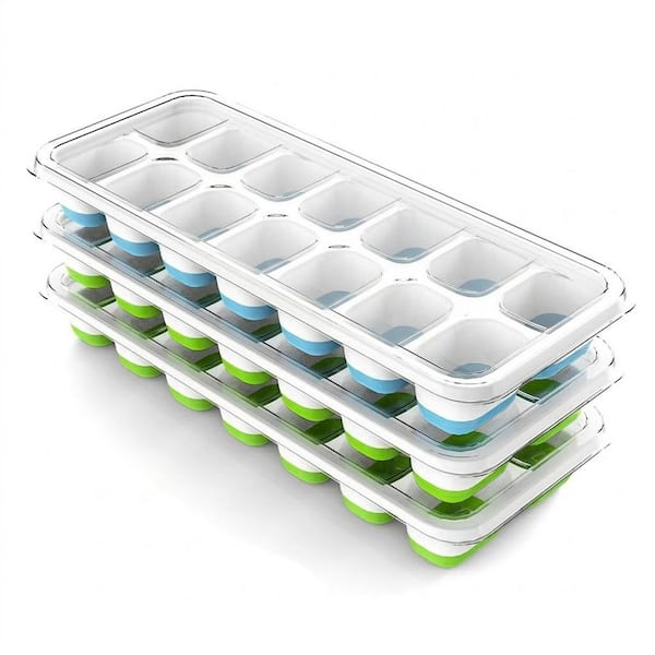 Green Blue Ice Cube Mold Shape Silicone Ice Tray 3 Pack with Lids Stackable Spill Proof
