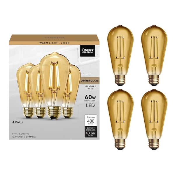 60-Watt Equivalent ST19 Dimmable Straight Filament Amber Glass Vintage Edison E26 LED Light Bulb, Warm White (4-Pack)