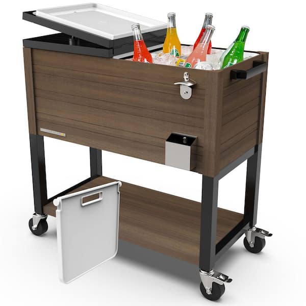 Party Cooler, 80-qt. Capacity, Divider Cooler, Rolling Ice Chest for Entertainment, Wood Grain Finish, Brown