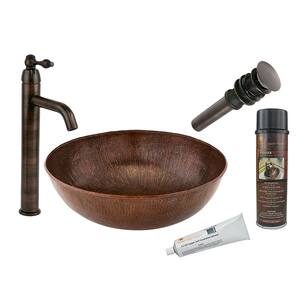 All-in-One Large Round Vessel Hammered Copper Bathroom Sink in Oil Rubbed Bronze