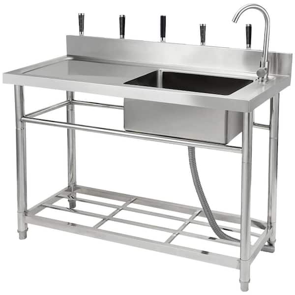 Utility Sink 47.2 in. D x 19.7 in. W Freestanding Laundry/Utility Sink Silver with Workbench, Hot & Cold Water Pipes