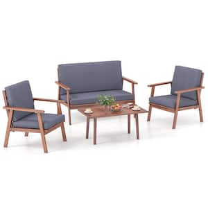 4-Piece Wood Patio Conversation Set with Gray Cushions