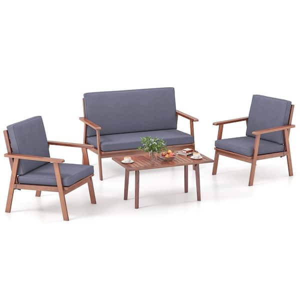 Costway 4-Piece Wood Patio Conversation Set with Gray Cushions