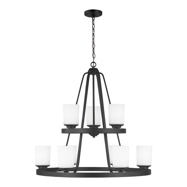 Generation Lighting Kemal 9-Light Midnight Black Transitional Wagon Wheel Chandelier with Etched White Inside Glass Shades and LED Bulbs