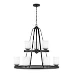 Kemal 9-Light Midnight Black Transitional Wagon Wheel Chandelier with Etched White Inside Glass Shades and LED Bulbs