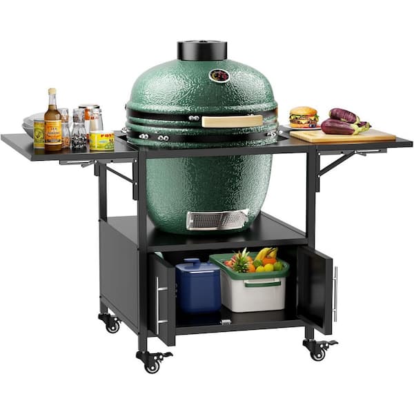 Black Metal Outdoor Grill Cart for Big Green Egg with 2-Folding