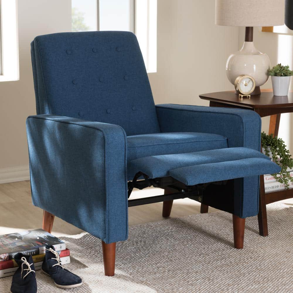 Mid-Century Modern Blue Fabric and Walnut Wood Recliner
