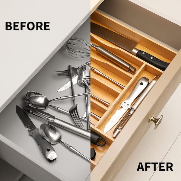 Natural Expandable Bamboo Kitchen Drawer Organizer for Cutlery and Utensils, Adjustable Bamboo Wood Cutlery Tray