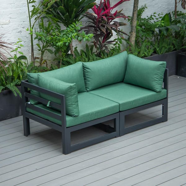Leisuremod Chelsea Modern Black 2-Piece Aluminum Outdoor Patio Sectional Loveseat with Green Cushions