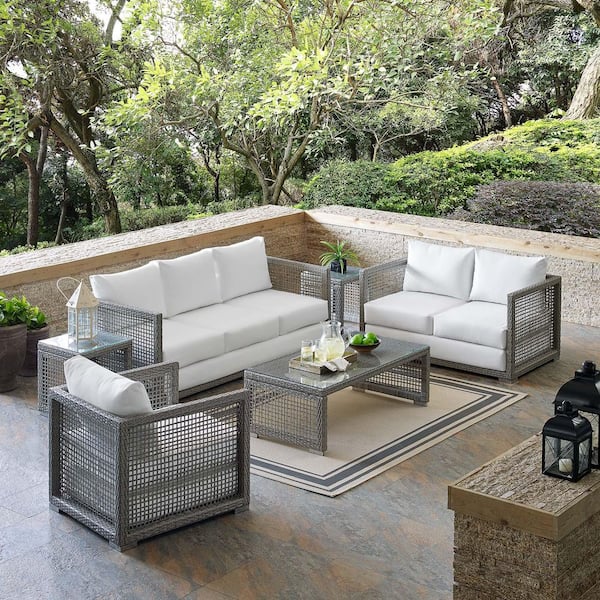 Aura Gray White 6-Piece Outdoor Patio Wicker Rattan Conversation Set