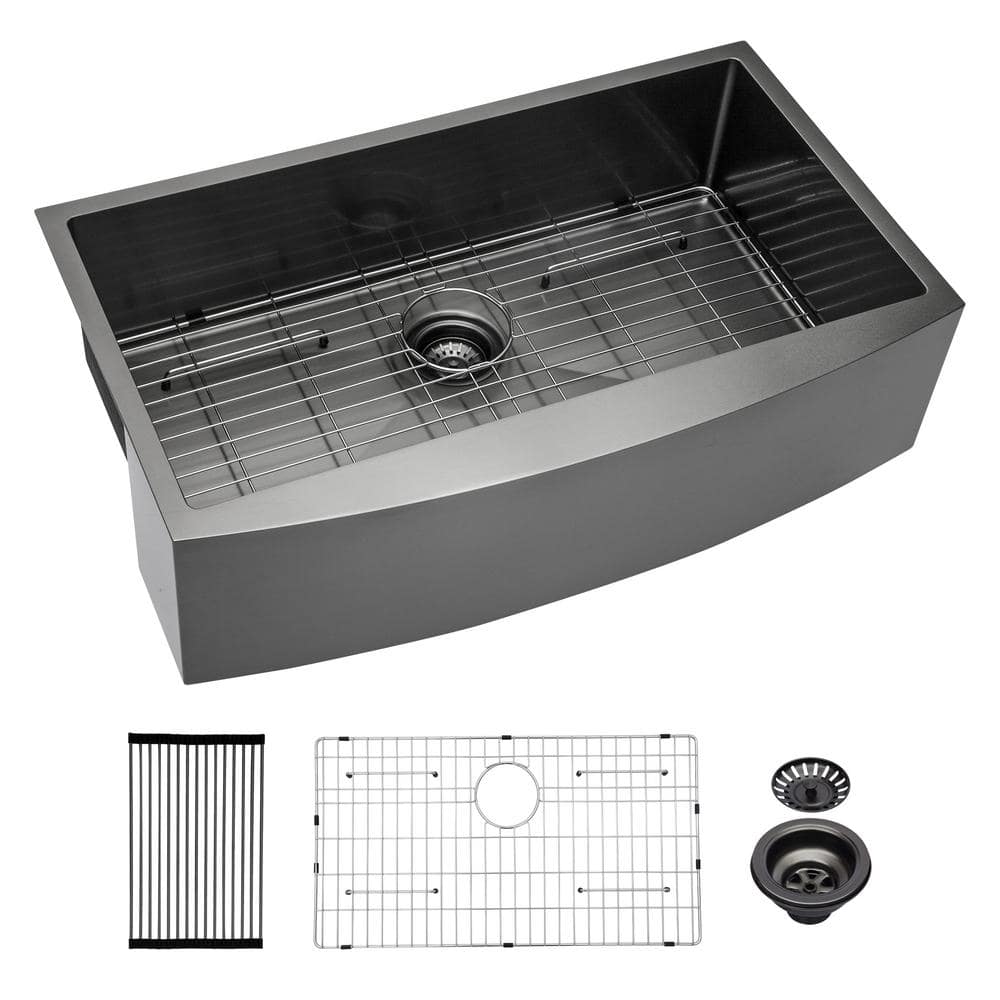 36 in Farmhouse/Apron-Front Single Bowl 16 Gaige Stainless Steel Kitchen Sink with Bottom Grid and Drain, Gunmetal Black