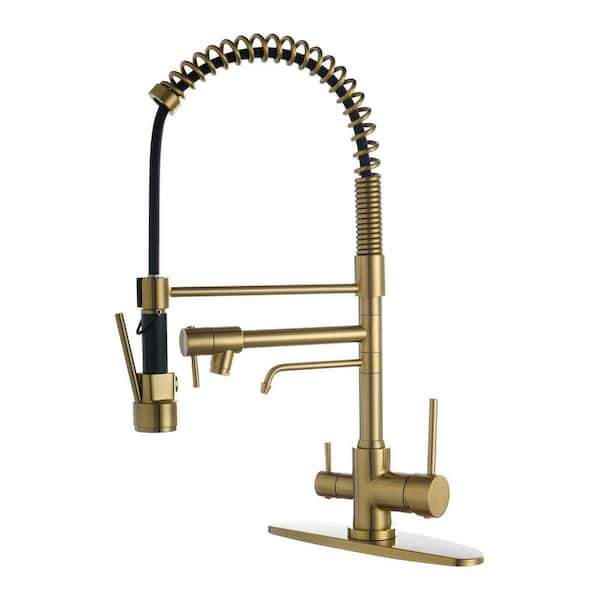 Brass Triple Handle 20 in. H 3-Sprayer 360° Swivel Pull Down Sprayer Kitchen Faucet Water Filter Faucet Combo in Gold