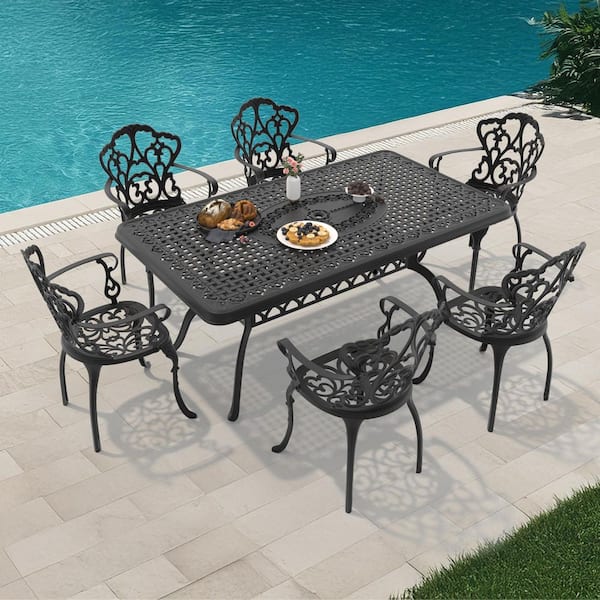 7-Piece Black Cast Aluminum Outdoor Dining Set with Off-White Cushions