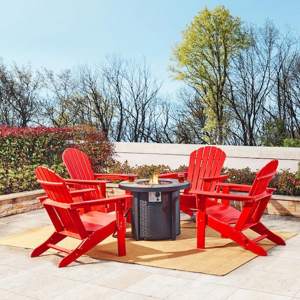 Glitzhome 5-Piece 30000-BTU Slates Top Aluminum Propane Patio Fire Pit and HDPE Folding Adirondack Chairs Set