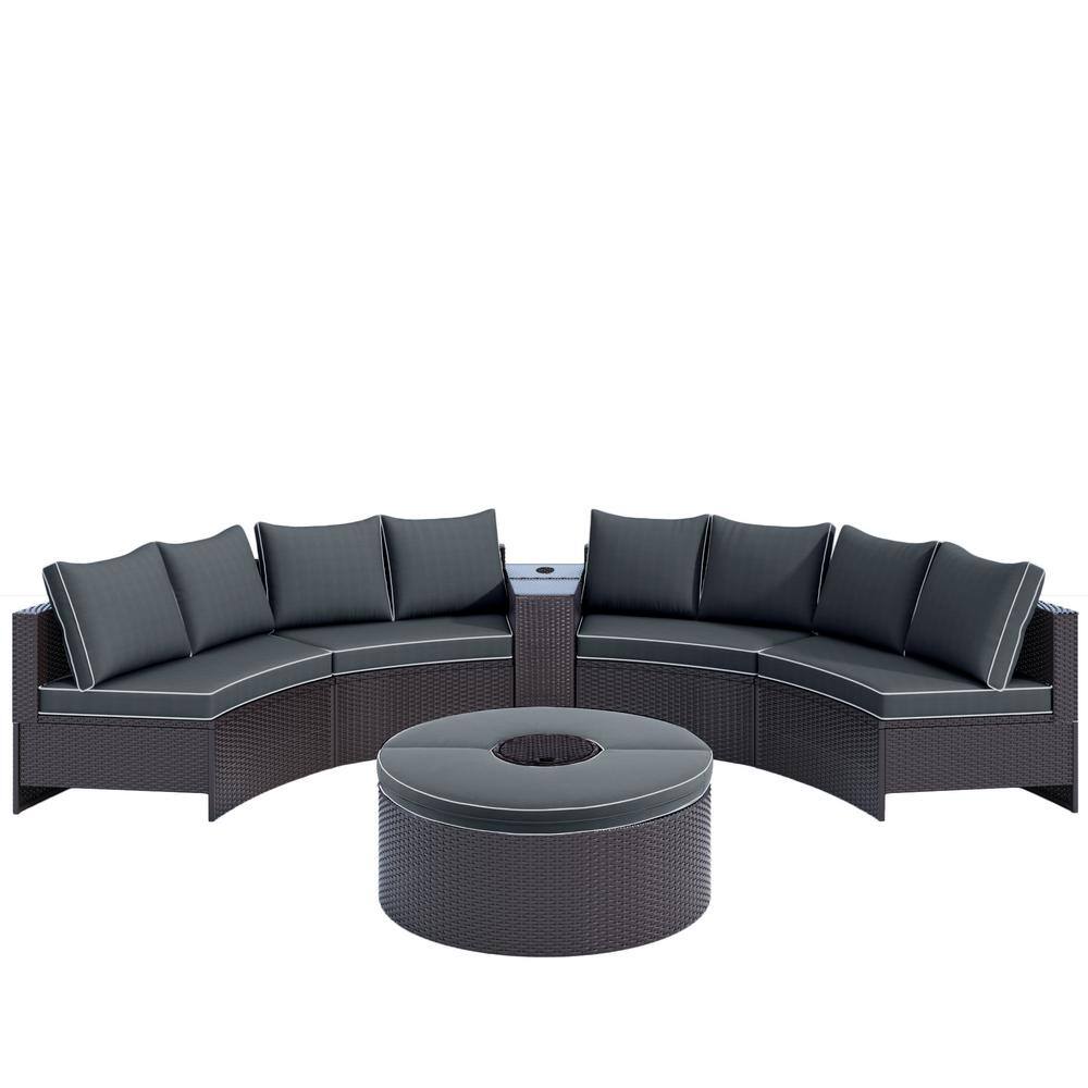 Half-Moon 6-Piece PE Rattan Wicker Outdoor Patio Conversation Set with Gray