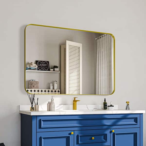 48 in. W x 32 in. H Rectangular Aluminum Framed Wall Bathroom Vanity Mirror in Gold