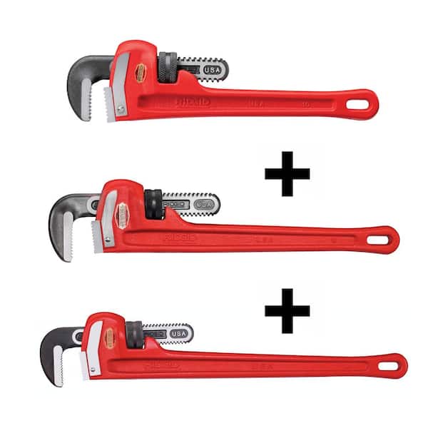 RIDGID 10 in. + 18 in. + 24 in. Straight Pipe Wrench 3 Pc Set for Heavy-Duty Plumbing with Self Cleaning Threads and Hook Jaws