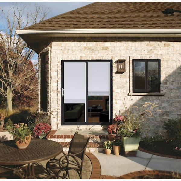 72 in. x 80 in. V-4500 Contemporary Black FiniShield Vinyl Left-Hand Full Lite Sliding Patio Door w/ Internal Blinds