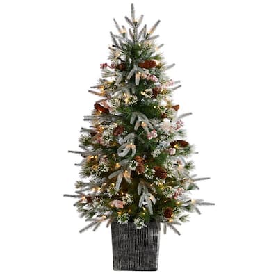 4 ft. Frosted Artificial Christmas Tree Pre-Lit with 105 LED lights and Berries in Decorative Planter