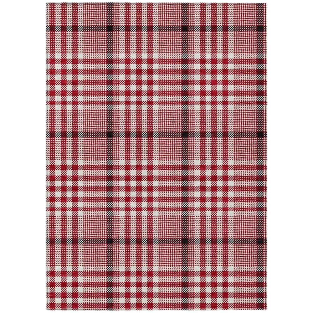 Red Plaid Synthetic Washable Indoor Outdoor Rug 3' x 5'