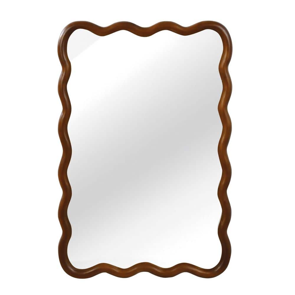 24 in.W x 36 in.H Dark Walnut Wavy-Edged Rectangle Mirror, Solid Wood Frame Wall-Mounted Decorative Mirror