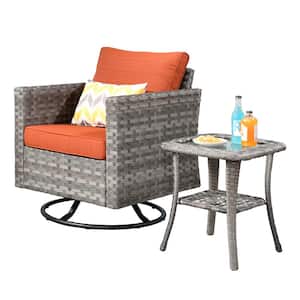 Tahoe Grey Swivel Rocking Wicker Outdoor Patio Lounge Chair with a Side Table and Orange Red Cushions