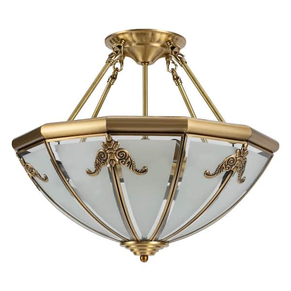 OUKANING 17.71 in. 4-Light Gold Retro Semi-Flush Mount Ceiling Light with Glass Shade for Bedroom Living Room, No Bulbs Included